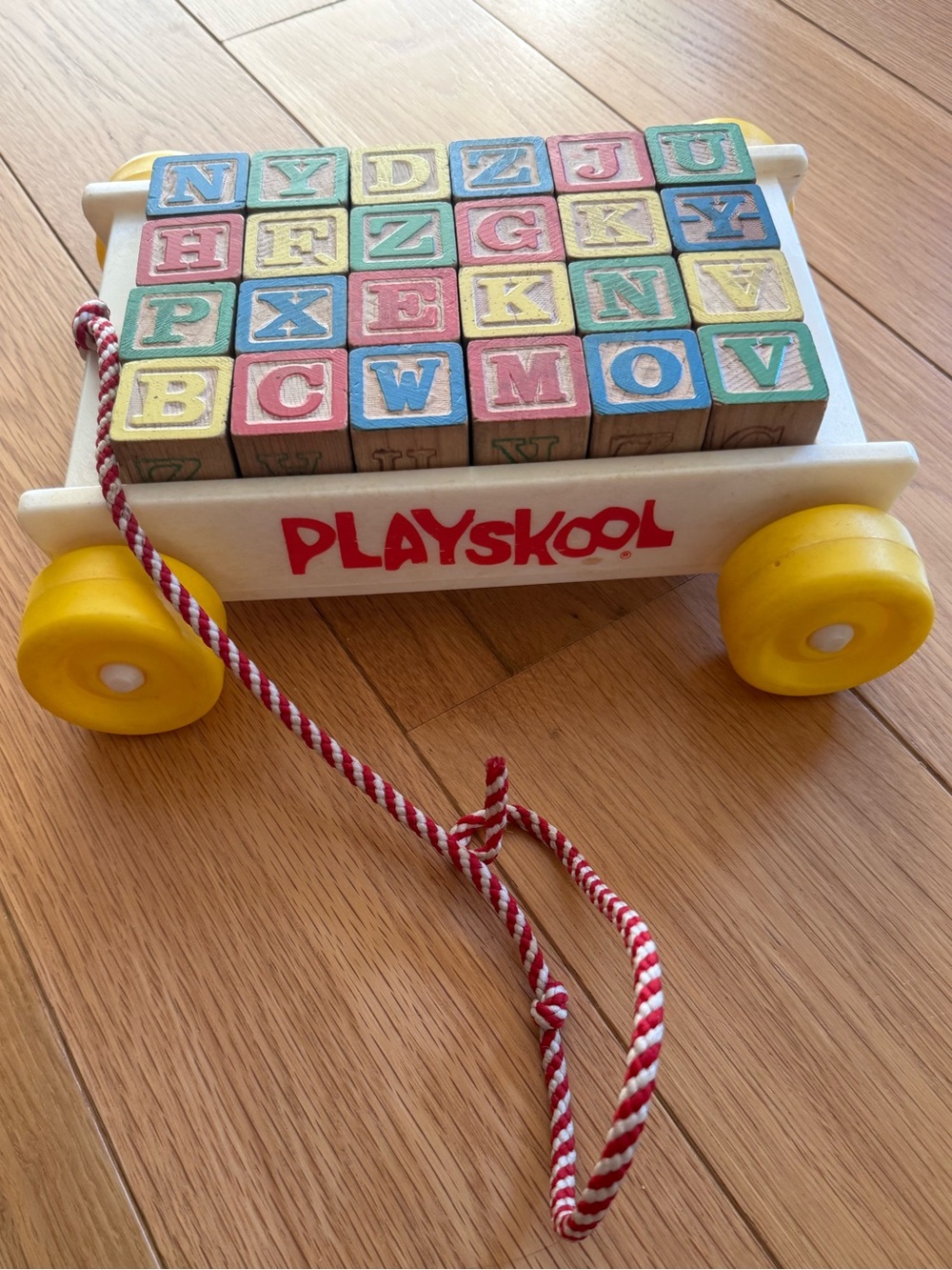 Vintage Playskool Plastic Pull Wagon - Multicolor Wooden Alphabet Blocks